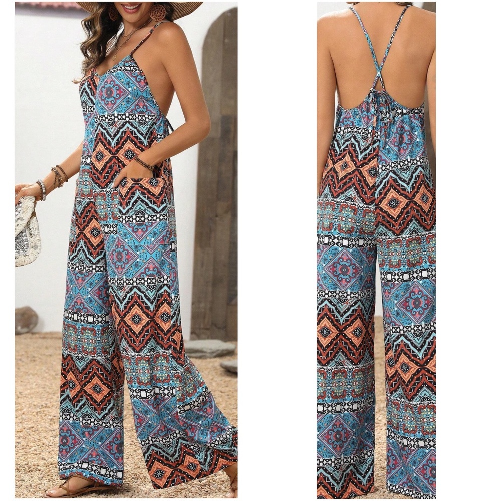 Solid Criss cross Tie Pockets Wide leg Jumpsuit - Picture 8 of 9